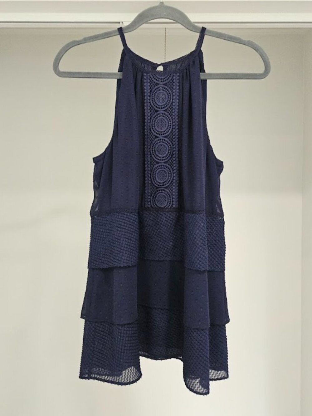 White House Black Market Swiss Dot Tiered Navy Blue Embroidered Boho Tank Top